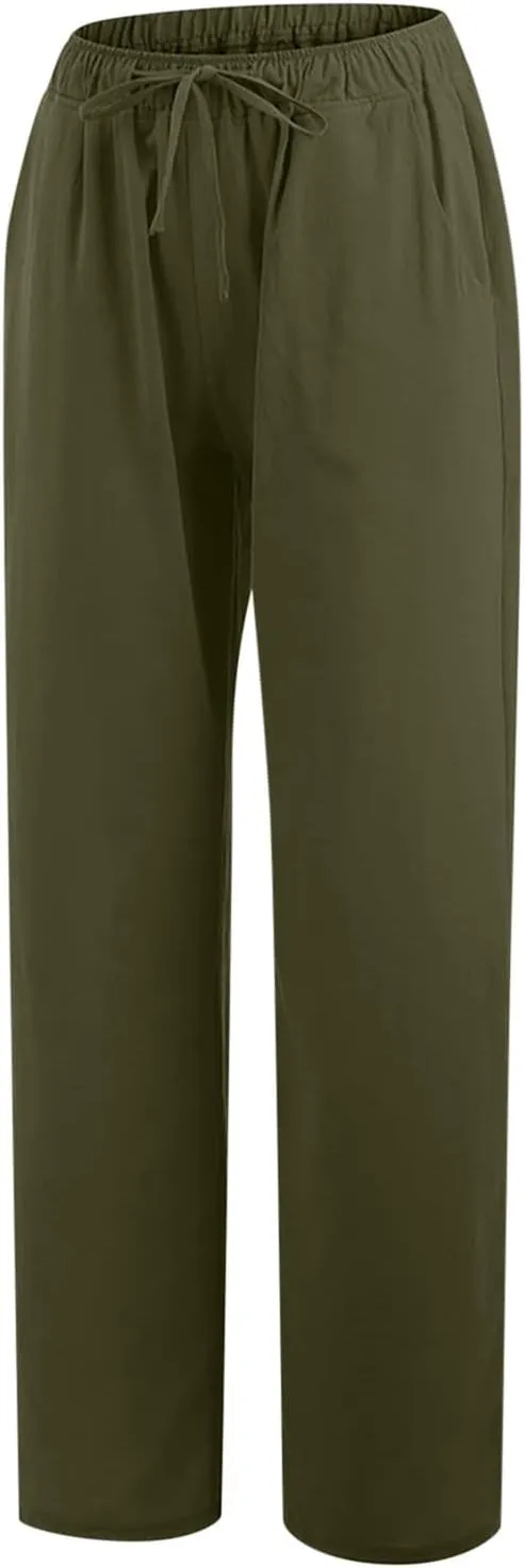 Loose Linen Pants for Women 2025 Summer Trendy Drawstring Waist Pants Beach Vacation Trousers with Pockets