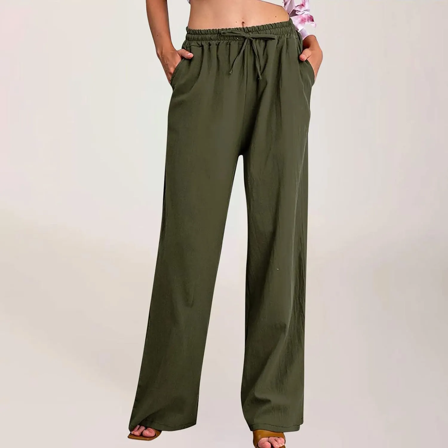Loose Linen Pants for Women 2025 Summer Trendy Drawstring Waist Pants Beach Vacation Trousers with Pockets