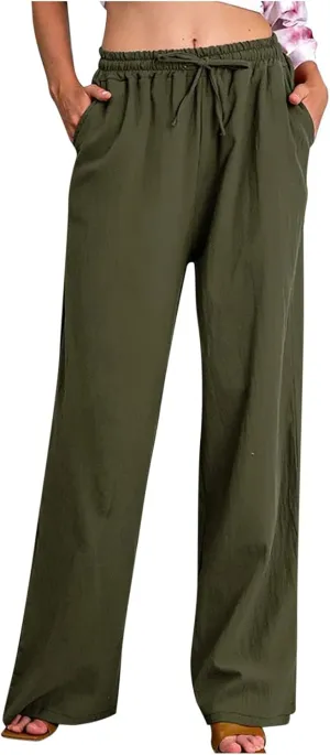 Loose Linen Pants for Women 2025 Summer Trendy Drawstring Waist Pants Beach Vacation Trousers with Pockets