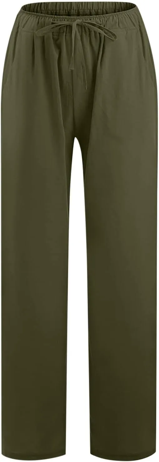 Loose Linen Pants for Women 2025 Summer Trendy Drawstring Waist Pants Beach Vacation Trousers with Pockets