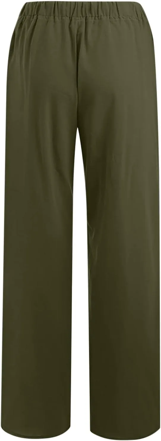 Loose Linen Pants for Women 2025 Summer Trendy Drawstring Waist Pants Beach Vacation Trousers with Pockets