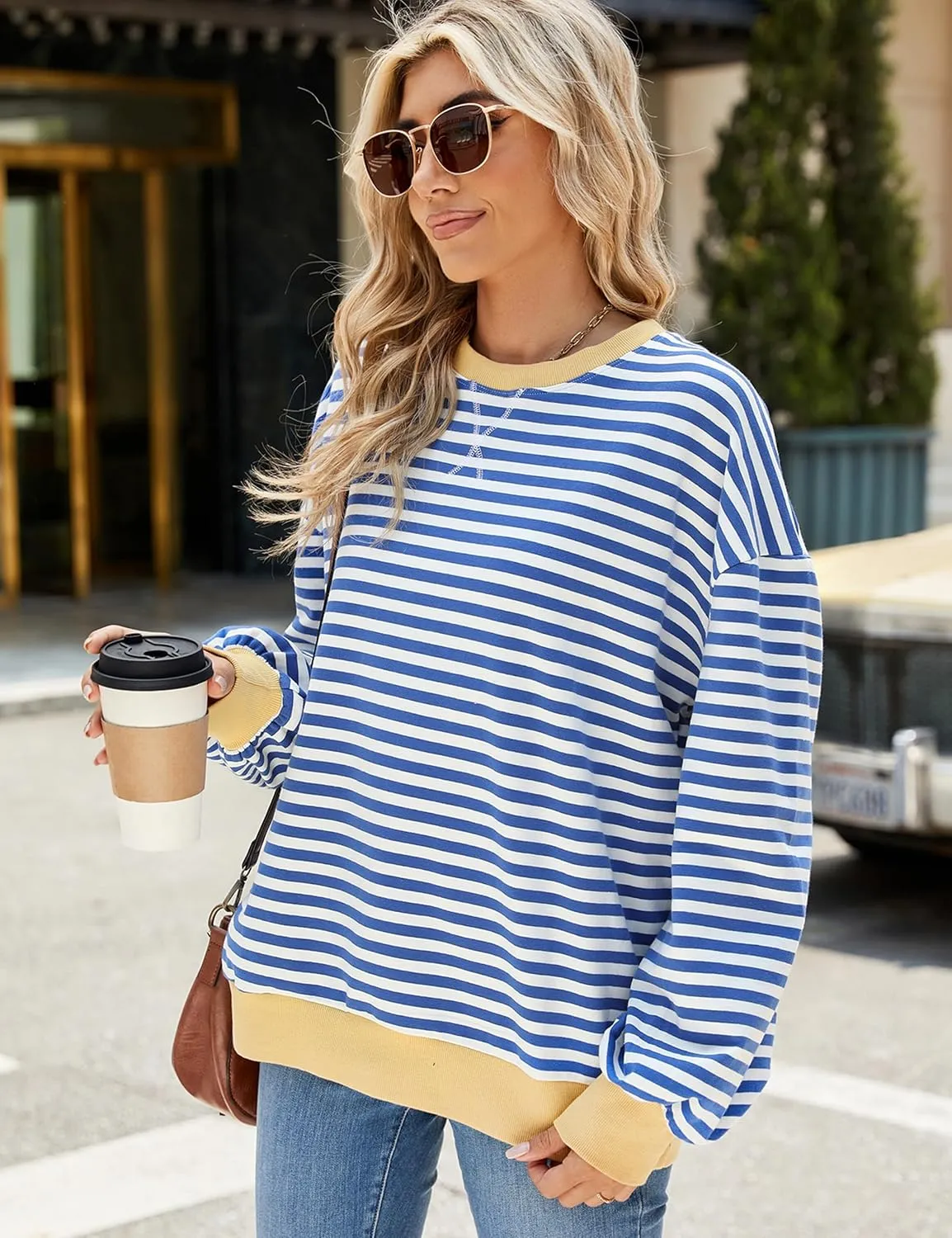 Mansy Women Oversized Striped Color Block Long Sleeve Crew Neck Sweatshirt for Teen Girls Pullover Y2K Shirt Tops 2024