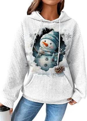 MARSVOVO Christmas Hoodies For Women Waffle Long Sleeve Sweatshirt Novelty Christmas Graphic Pullover Top With Pocket