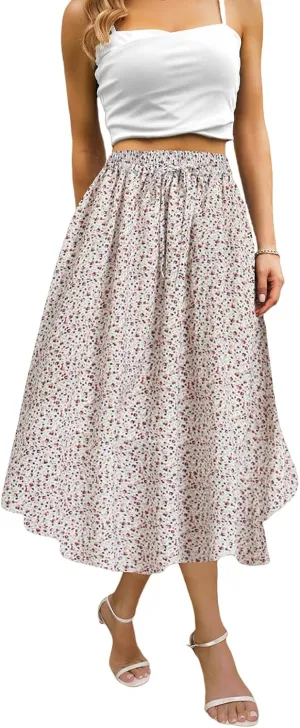 Maxi Skirts for Women with Pockets Long Midi Length Casual Skirt for Beach Party Holiday White Floral