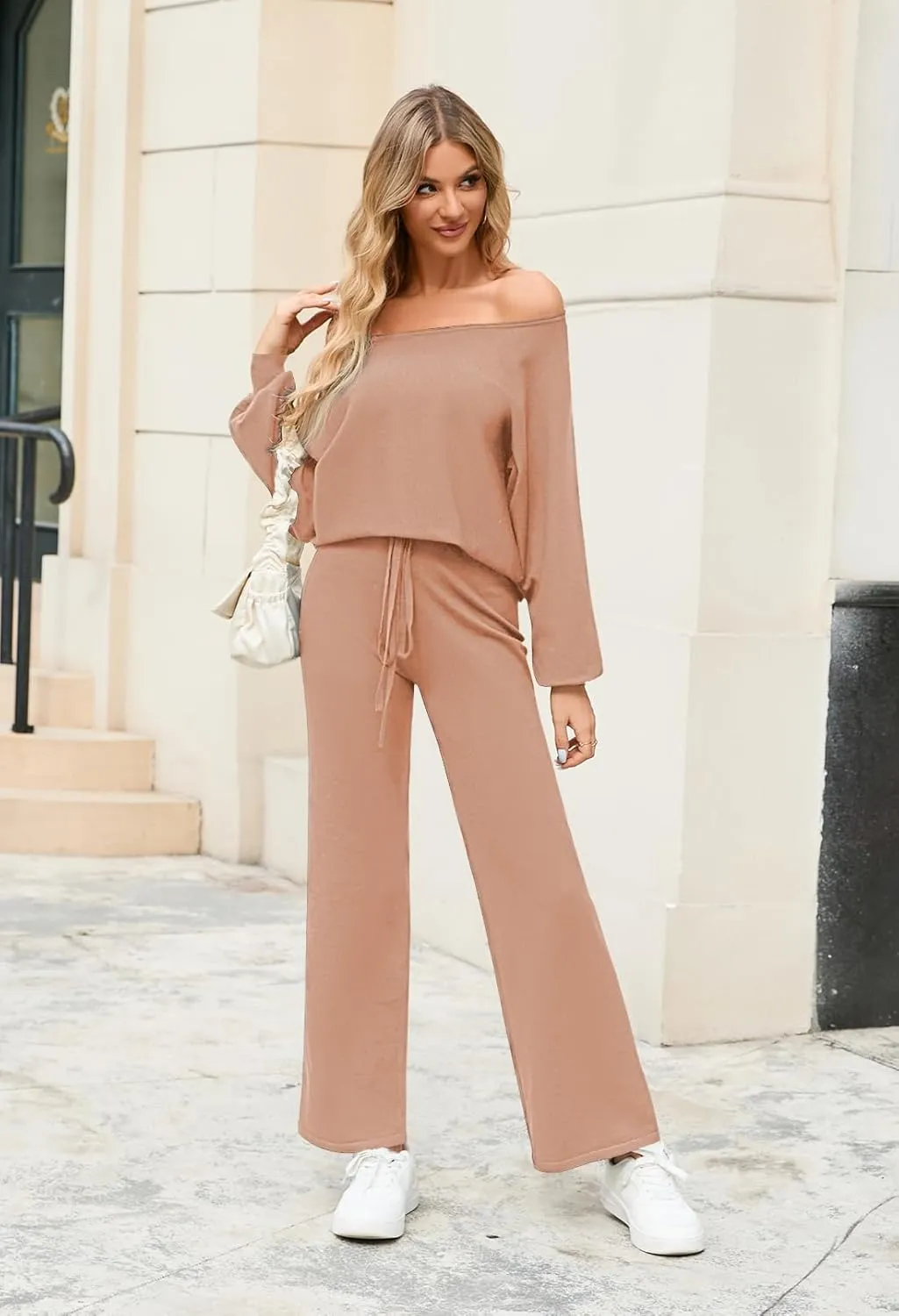 Meenew Women's 2 Piece Sweatsuits Long Sleeve Knit Sweater Wide Leg Pants Outfits Loungewear Set