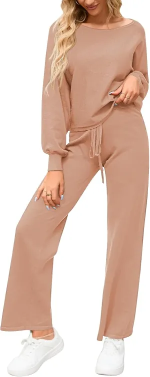 Meenew Women's 2 Piece Sweatsuits Long Sleeve Knit Sweater Wide Leg Pants Outfits Loungewear Set