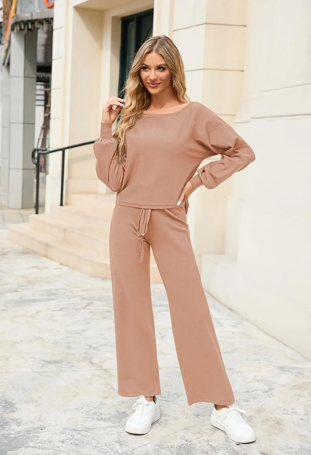 Meenew Women's 2 Piece Sweatsuits Long Sleeve Knit Sweater Wide Leg Pants Outfits Loungewear Set