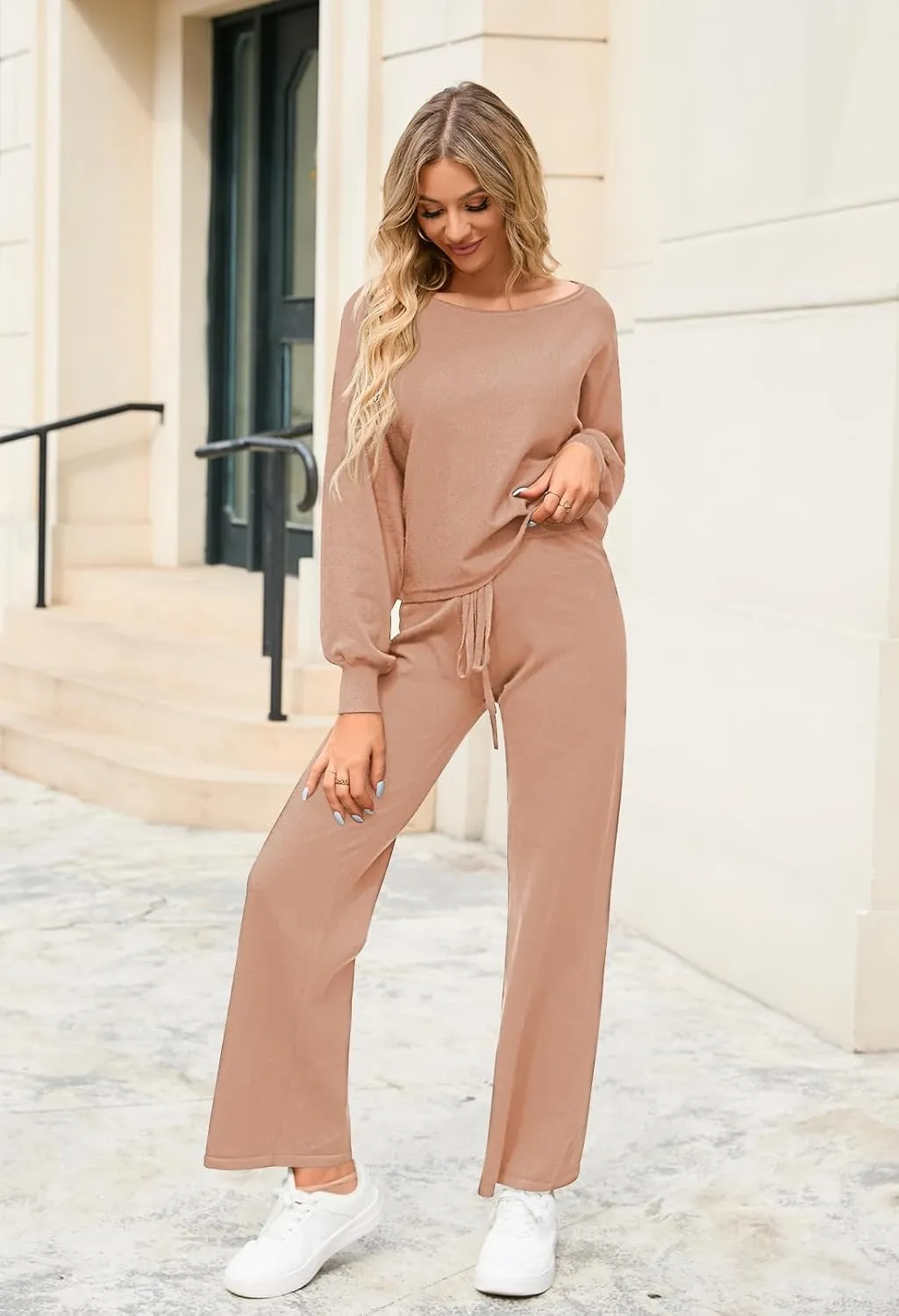Meenew Women's 2 Piece Sweatsuits Long Sleeve Knit Sweater Wide Leg Pants Outfits Loungewear Set