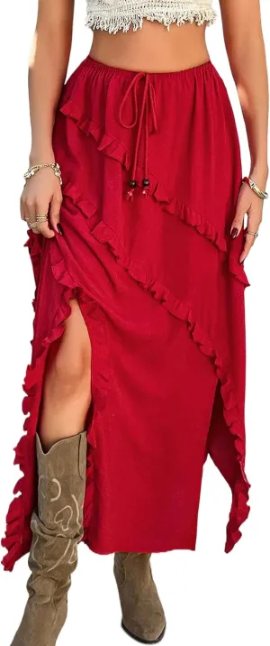 Melliflo Women's Summer Bow Tie Maxi Skirt Ruffle High Low Hem Swing Long Beach Dress Y2k Asymmetrical Tummy Control Skirt