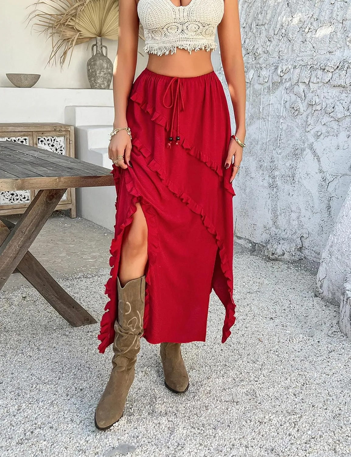 Melliflo Women's Summer Bow Tie Maxi Skirt Ruffle High Low Hem Swing Long Beach Dress Y2k Asymmetrical Tummy Control Skirt