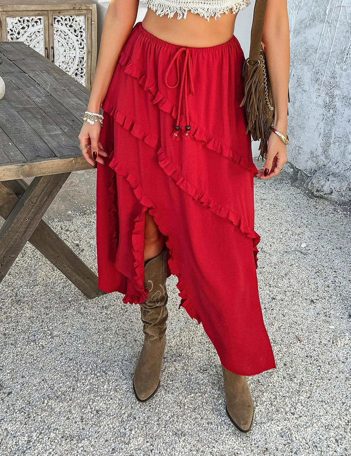 Melliflo Women's Summer Bow Tie Maxi Skirt Ruffle High Low Hem Swing Long Beach Dress Y2k Asymmetrical Tummy Control Skirt