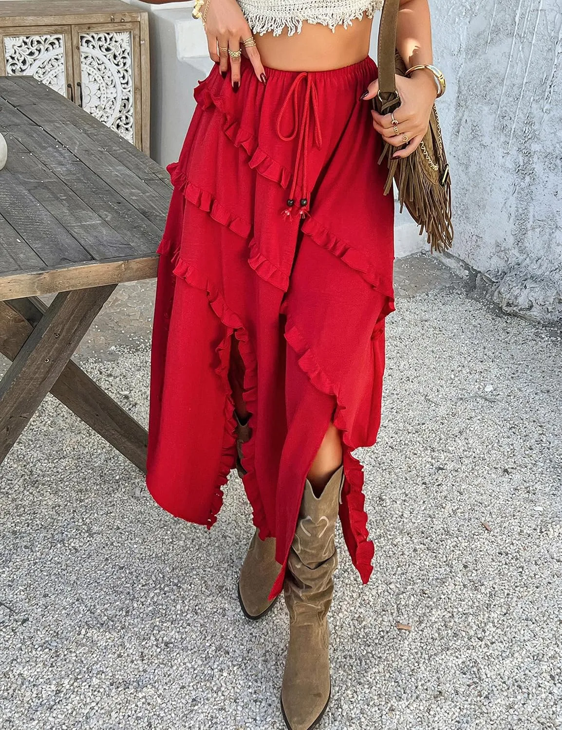 Melliflo Women's Summer Bow Tie Maxi Skirt Ruffle High Low Hem Swing Long Beach Dress Y2k Asymmetrical Tummy Control Skirt