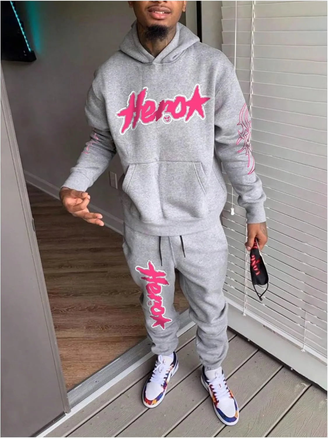 Men's 2 Piece Sweat Suits Long Sleeve Y2k Graphic Hoodie Sweatshirt and Flared Sweatpants Tracksuits Set