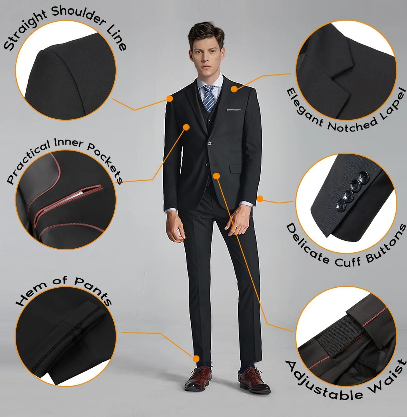 Mens 3 Piece Slim Fit Suit Set, 2 Button Solid Blazer Jacket Vest Pants Business Tuxedo