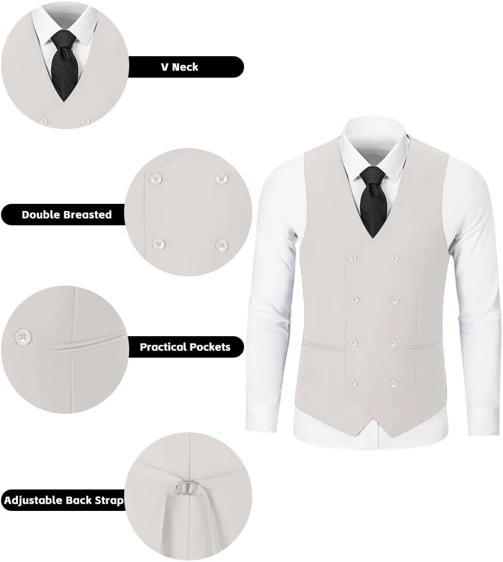 Mens 3 Piece Slim Fit Suit Set, Double Breasted Blazer Vest Pants Business Tuxedo Dress