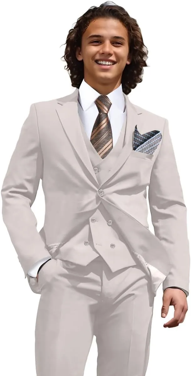 Mens 3 Piece Slim Fit Suit Set, Double Breasted Blazer Vest Pants Business Tuxedo Dress