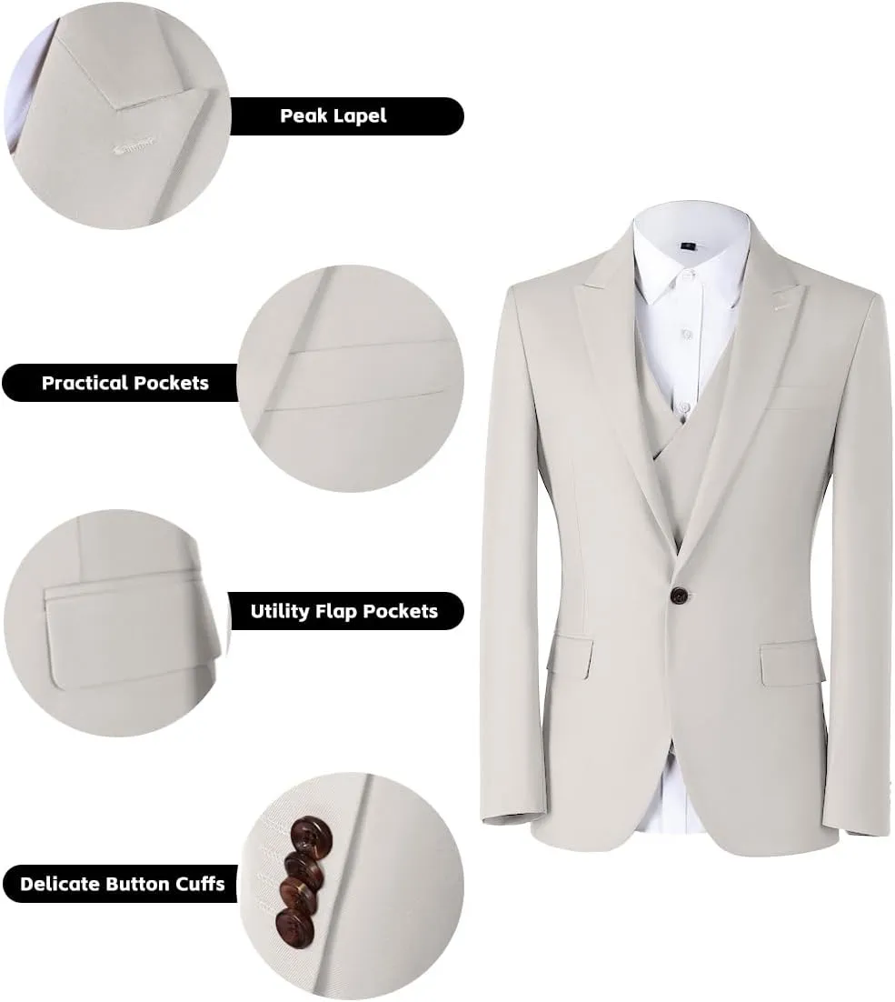 Mens 3 Piece Slim Fit Suit Set, Double Breasted Blazer Vest Pants Business Tuxedo Dress