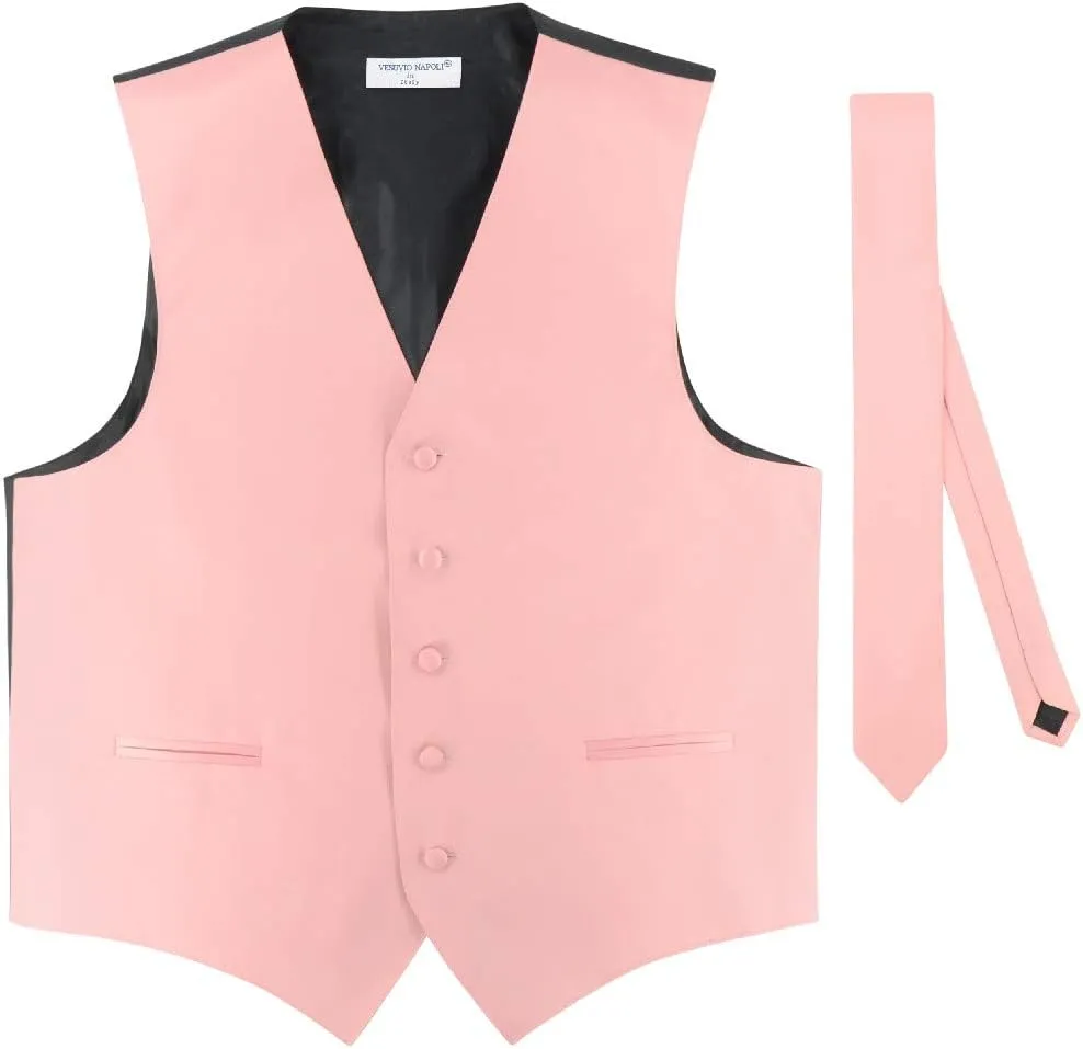 Men's Dress Vest & Skinny NeckTie Solid Pink Color 2.5" Neck Tie Set