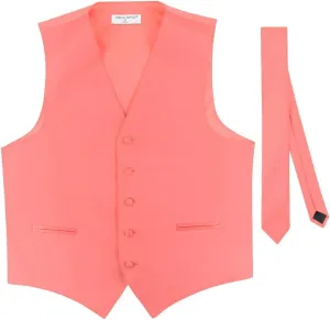 Men's Dress Vest & Skinny NeckTie Solid Pink Color 2.5" Neck Tie Set