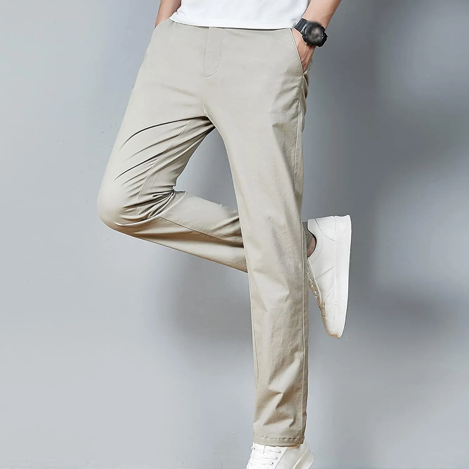 Men's Slim Fit Flat Front Pants Classic Stretch Dress Business Suit Pant Casual Straight Fit Chino Golf Pant
