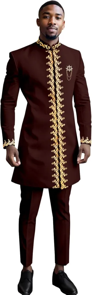 Men`s Suit Gold Embroidery Blazer and Pants Set Dashiki Jacket Traditional African Clothes with Chain