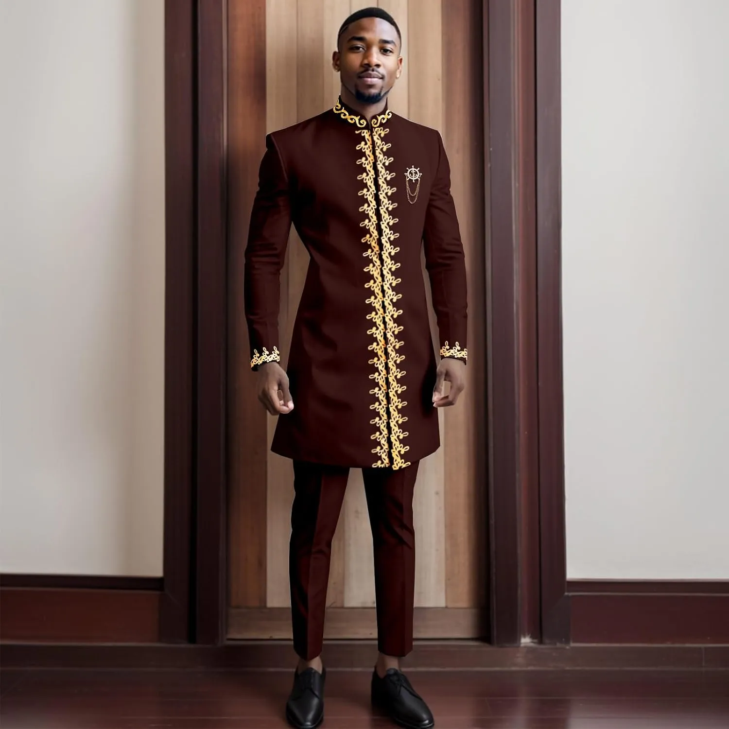 Men`s Suit Gold Embroidery Blazer and Pants Set Dashiki Jacket Traditional African Clothes with Chain