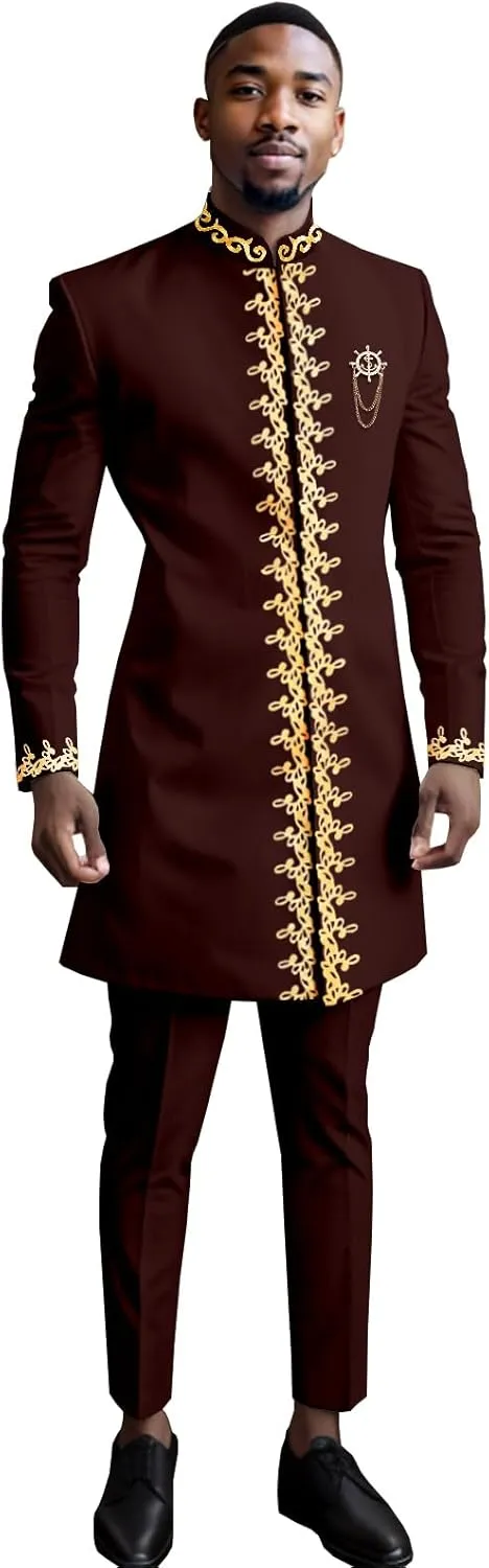 Men`s Suit Gold Embroidery Blazer and Pants Set Dashiki Jacket Traditional African Clothes with Chain