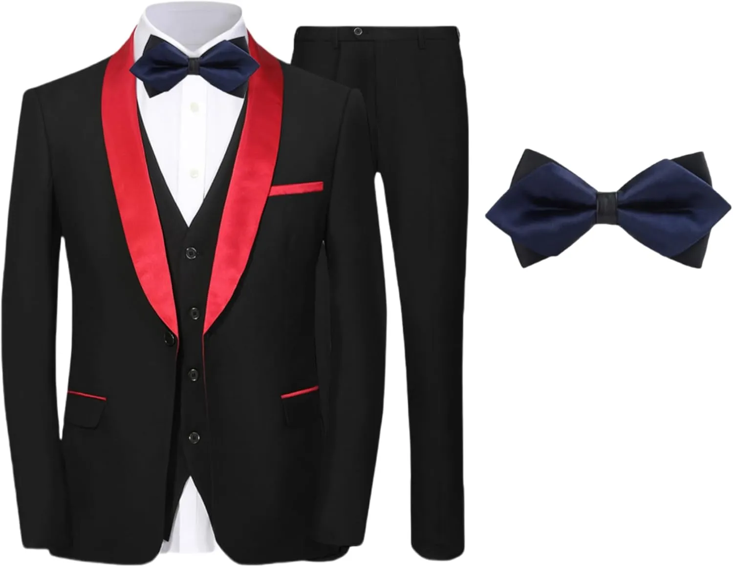 Mens Suit Set 4 Piece Suit Slim Fit Tuxedo Jacket Vest and Pants Set Wedding Suit for Prom Party Dinner with One Bow-tie