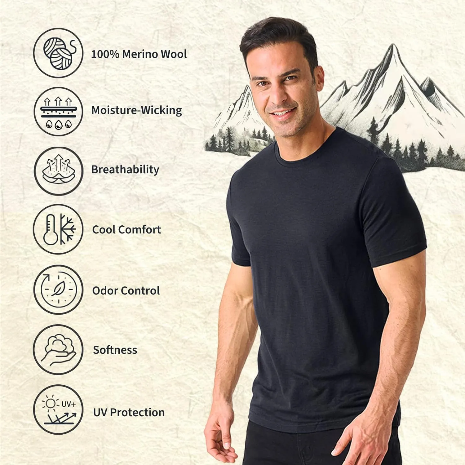 Merino Protect 100% Merino Wool T-Shirt for Men Short Sleeve Slim Fit Undershirt Soft Lightweight Tee Shirt for Travel Hiking