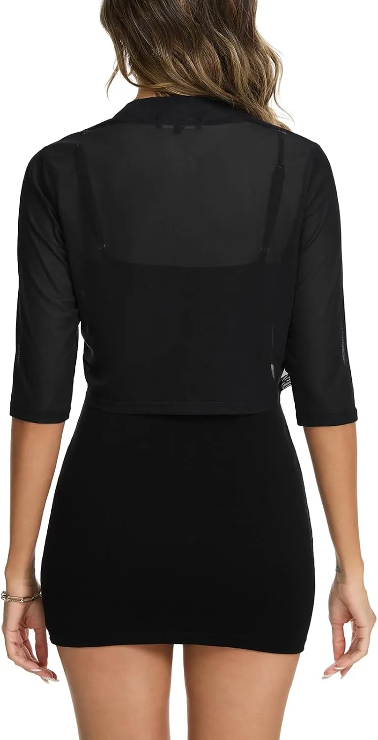 MINTLIMIT Women's Elegant 3/4 Sleeve Sheer Shrug Bolero Open Front Mesh Cropped Cardigan Shrugs Top for Dress