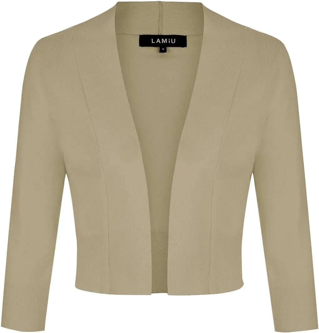 MINTLIMIT Women's Shrug Bolero Open Front 3/4 Sleeve Cropped Cardigan Sweater