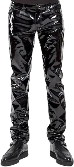 Moily Men's Shiny Liquid Patent Leather Hot Pants Mid Waist Straight Legs Long Pants Trousers