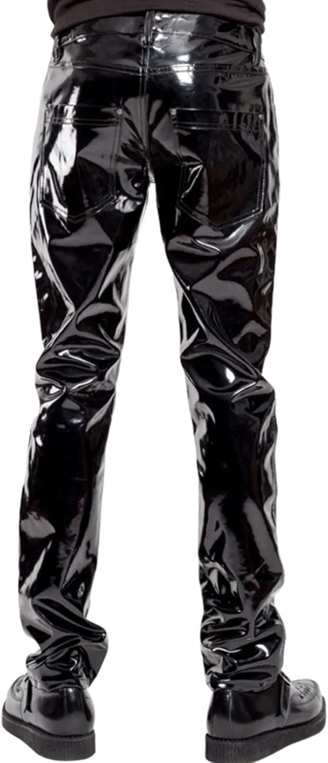 Moily Men's Shiny Liquid Patent Leather Hot Pants Mid Waist Straight Legs Long Pants Trousers