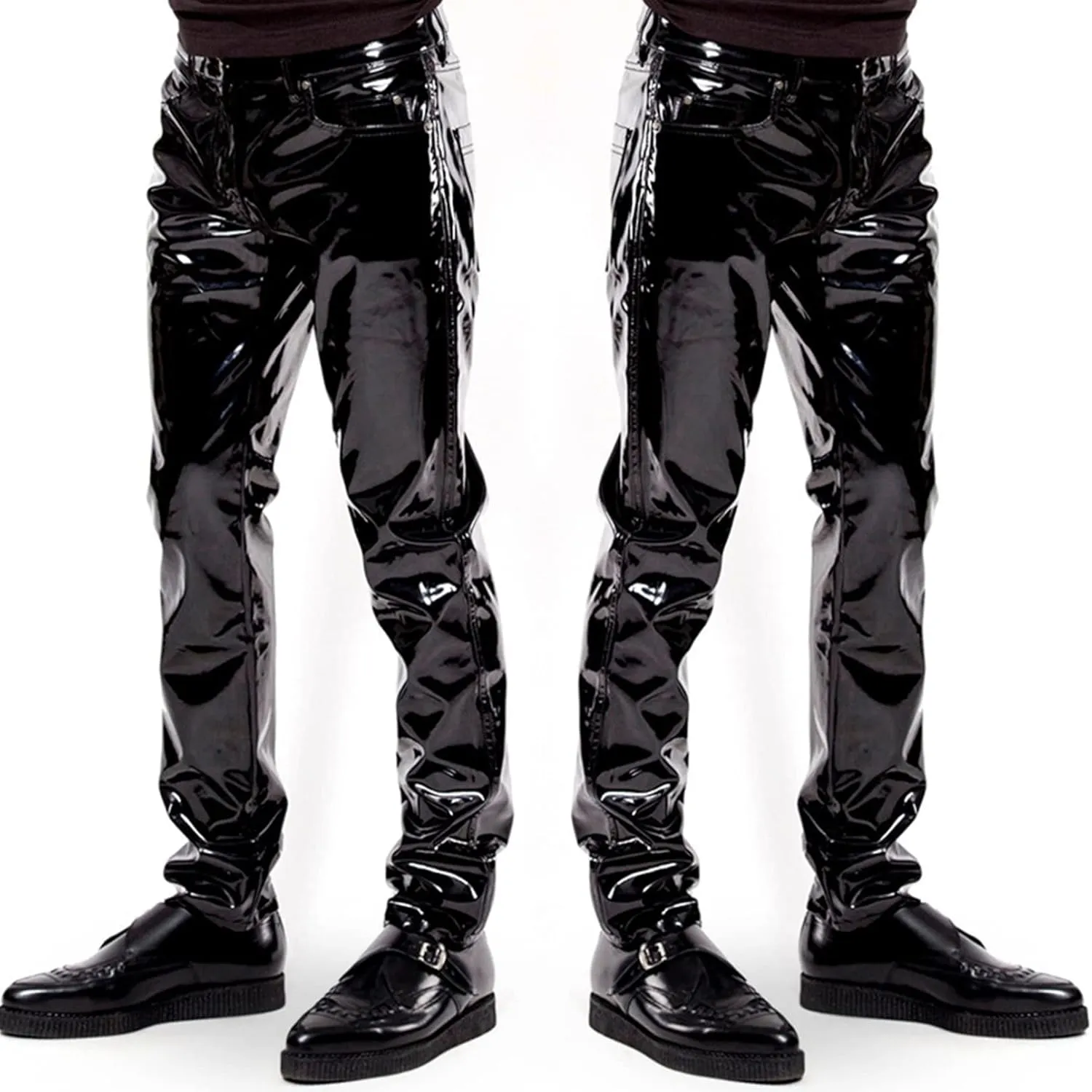 Moily Men's Shiny Liquid Patent Leather Hot Pants Mid Waist Straight Legs Long Pants Trousers