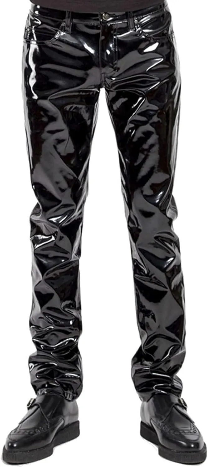 Moily Men's Shiny Liquid Patent Leather Hot Pants Mid Waist Straight Legs Long Pants Trousers