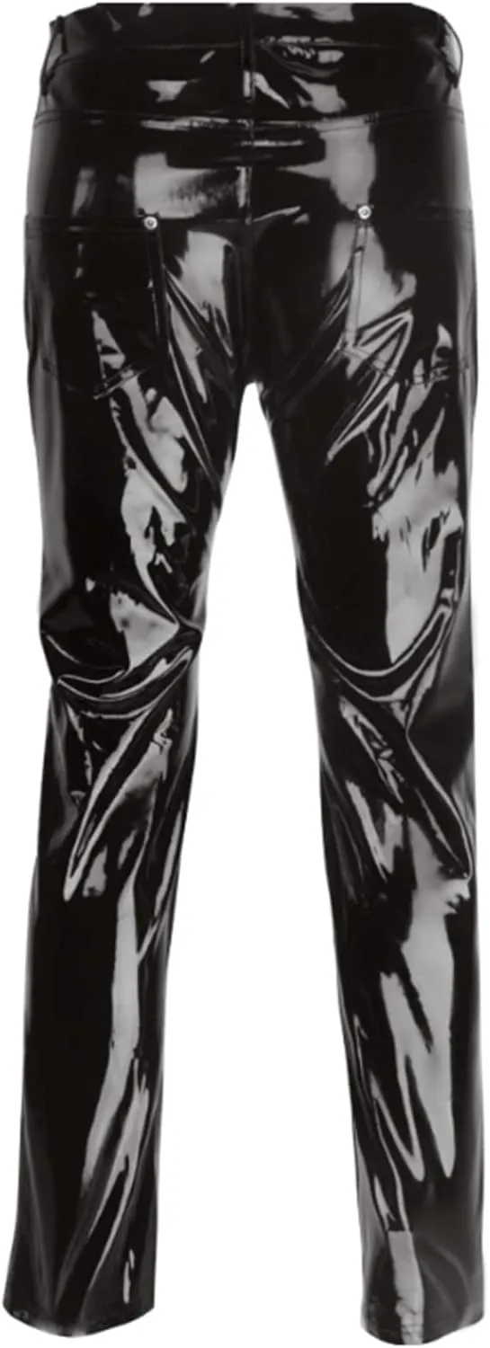 Moily Men's Shiny Liquid Patent Leather Hot Pants Mid Waist Straight Legs Long Pants Trousers