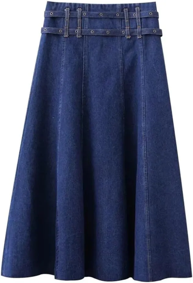 Mokkpeq Women's High Waisted Double Belt Back Zipper Denim Skirts Ankle-Length Navy Blue Jeans Skirts