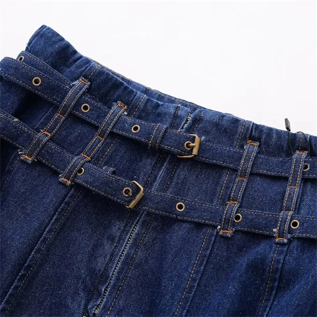Mokkpeq Women's High Waisted Double Belt Back Zipper Denim Skirts Ankle-Length Navy Blue Jeans Skirts