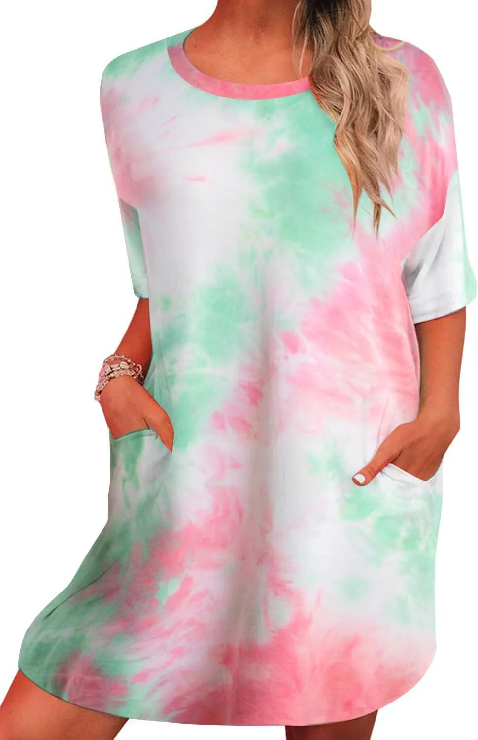 MOUSYA Women Tie Dye Dress Short Sleeve T Shirt Dress Summer Casual Loose Mini Dress with Pockets