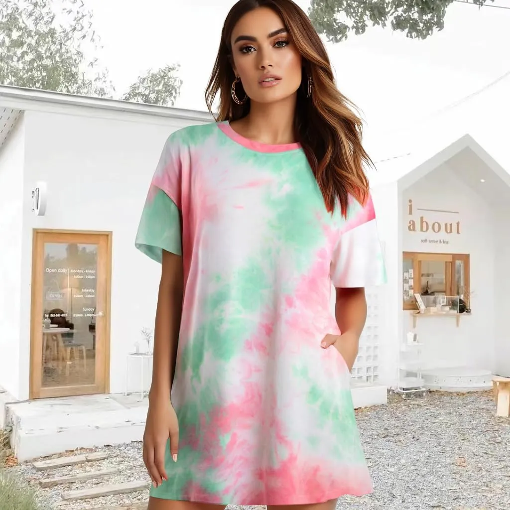MOUSYA Women Tie Dye Dress Short Sleeve T Shirt Dress Summer Casual Loose Mini Dress with Pockets