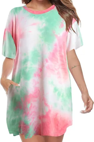 MOUSYA Women Tie Dye Dress Short Sleeve T Shirt Dress Summer Casual Loose Mini Dress with Pockets