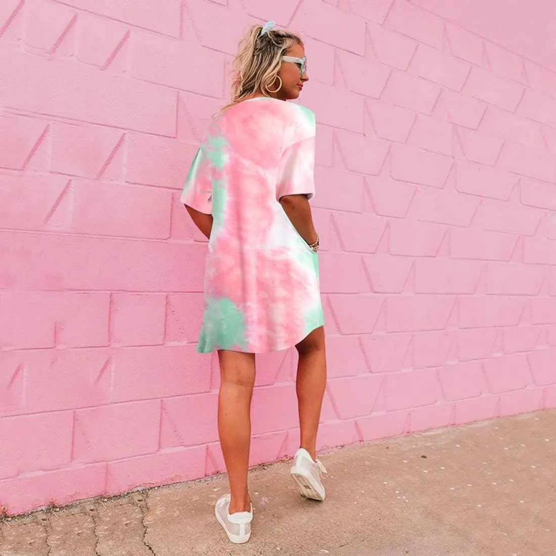 MOUSYA Women Tie Dye Dress Short Sleeve T Shirt Dress Summer Casual Loose Mini Dress with Pockets