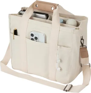 Multi Pocket Canvas Tote Bag for Women Large Capacity Crossbody Tote Bag Mommy Bag with Compartments
