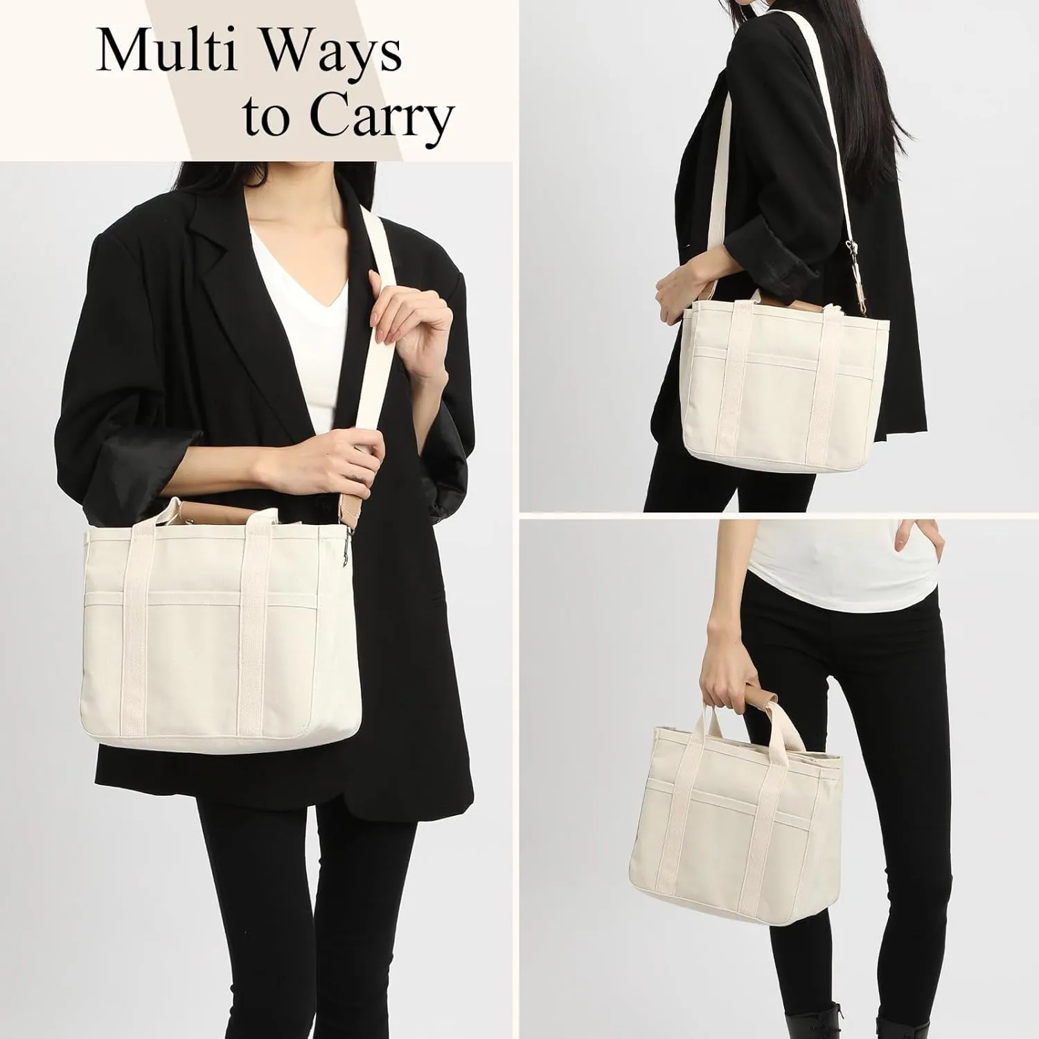 Multi Pocket Canvas Tote Bag for Women Large Capacity Crossbody Tote Bag Mommy Bag with Compartments