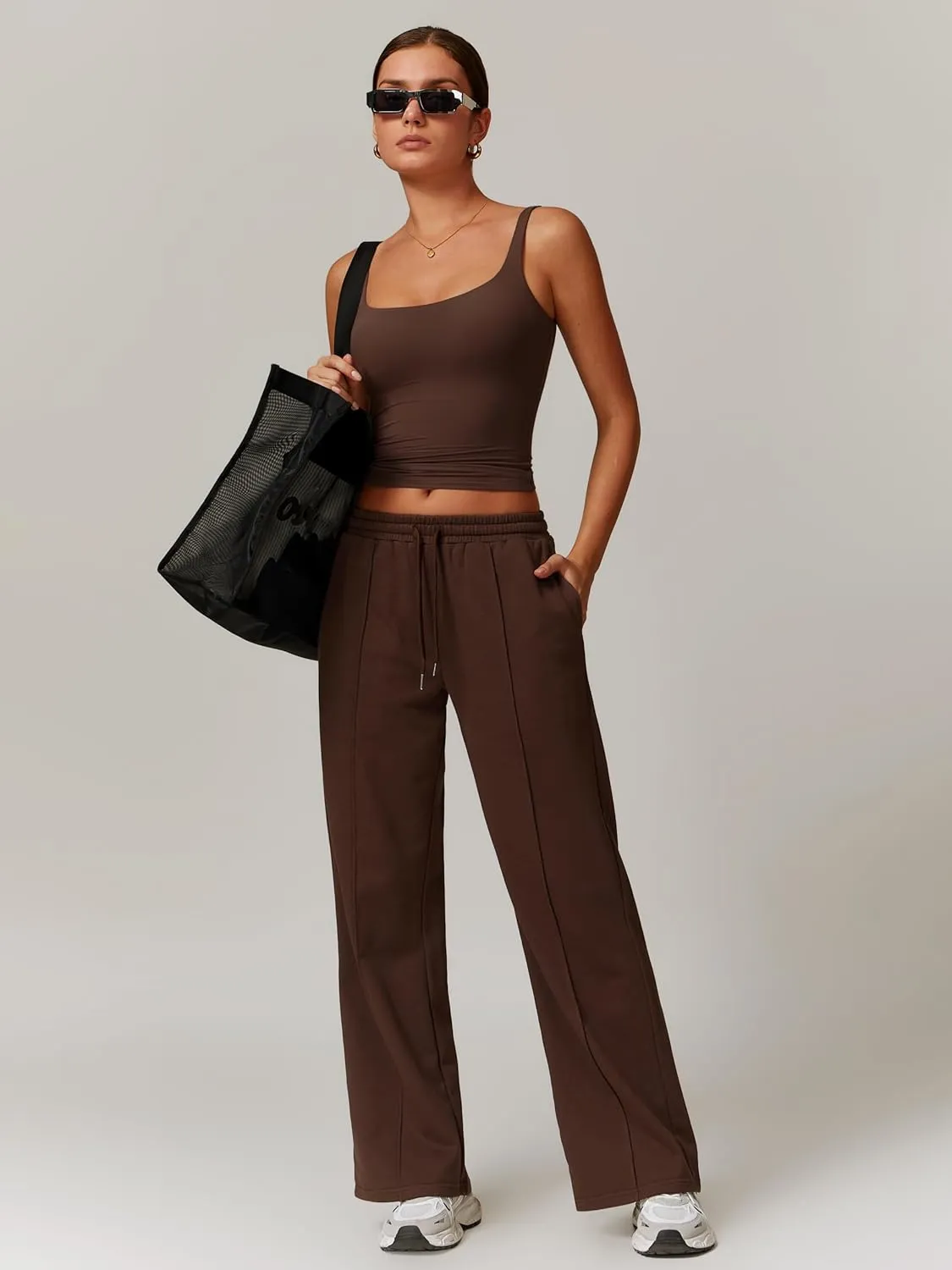 ODIZLI Women's Drawstring Straight Leg Sweatpants with Pockets Wide Leg Jogger Active Pants Lounge Trousers High Waist