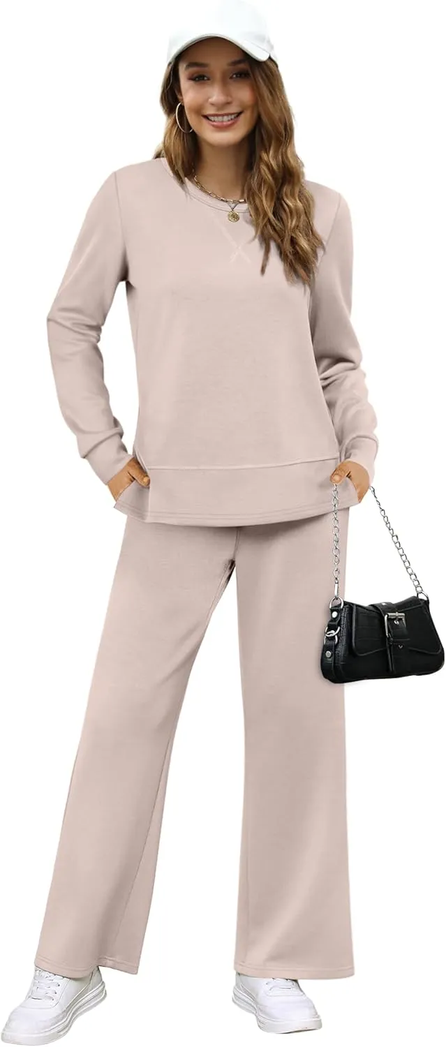 OFEEFAN Women's 2 Piece Lounge Set Travel Airport Outfits Side Slit Tracksuit Wide Leg Loungewear Baggy Comfy Sweatsuit S-3XL