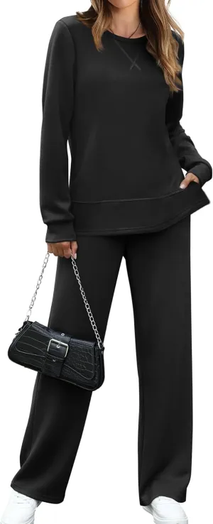 OFEEFAN Women's 2 Piece Lounge Set Travel Airport Outfits Side Slit Tracksuit Wide Leg Loungewear Baggy Comfy Sweatsuit S-3XL