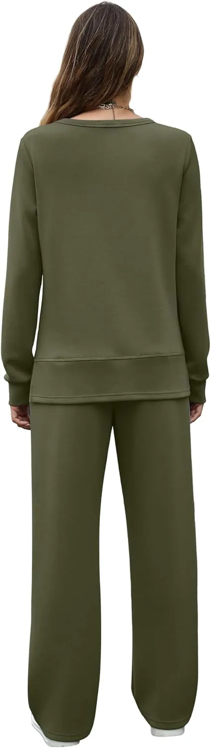 OFEEFAN Women's 2 Piece Lounge Set Travel Airport Outfits Side Slit Tracksuit Wide Leg Loungewear Baggy Comfy Sweatsuit S-3XL