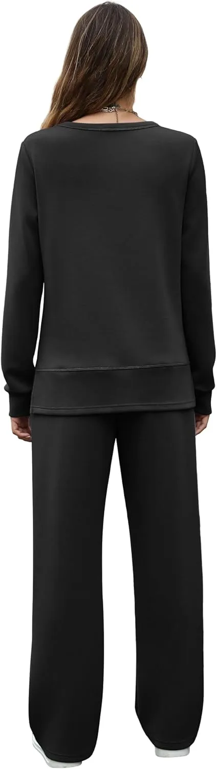 OFEEFAN Women's 2 Piece Lounge Set Travel Airport Outfits Side Slit Tracksuit Wide Leg Loungewear Baggy Comfy Sweatsuit S-3XL