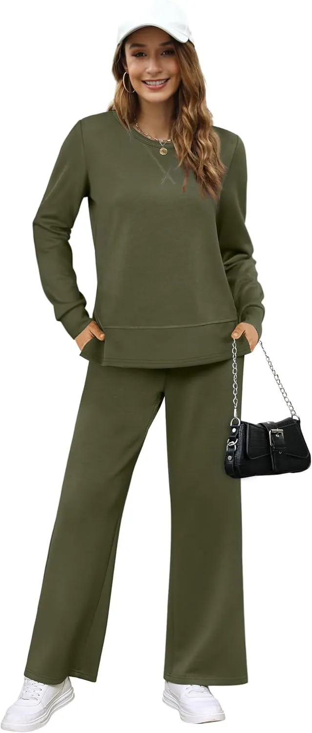 OFEEFAN Women's 2 Piece Lounge Set Travel Airport Outfits Side Slit Tracksuit Wide Leg Loungewear Baggy Comfy Sweatsuit S-3XL